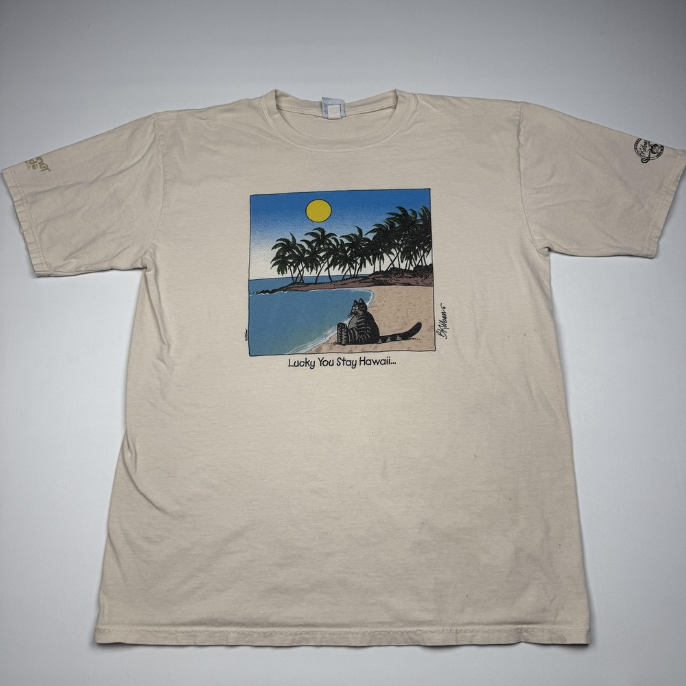 Vintage Crazy Shirts B Kliban Cat Lucky You Stay Hawaii Shirt Mens L Beige